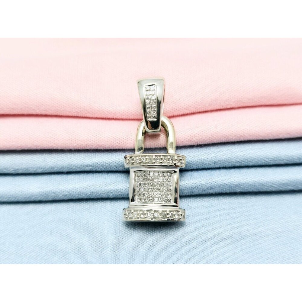 Unique 14K Solid White Gold Designer Diamond Dangle Drop Pad Lock Pendant Charm